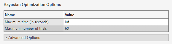 Bayesian Optimization Options table in Experiment Manager