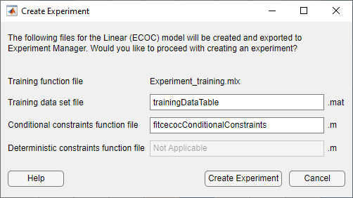 Create Experiment dialog box in Classification Learner for a linear model