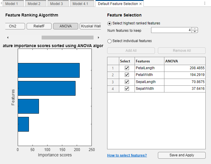 Default Feature Selection tab with ANOVA as the selected feature ranking algorithm