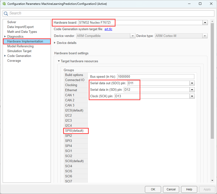 Model configuration parameters for selecting SPI resource and pins on Nucleo board