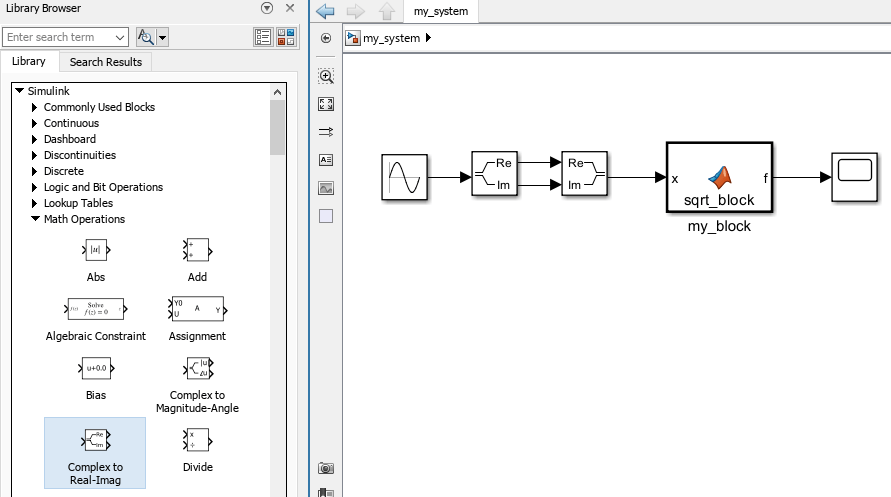 MATLAB function block with additional Complex to Real-Imag and Real-Imag to Complex blocks to convert the input signal to a complex signal