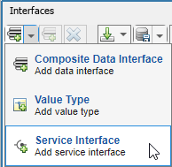 Add interface menu is open and the user is selecting Service Interface option to add a service interface.
