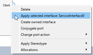 Right-click menu for client port with 'Apply selected interface: ServiceInterface0' option highlighted.