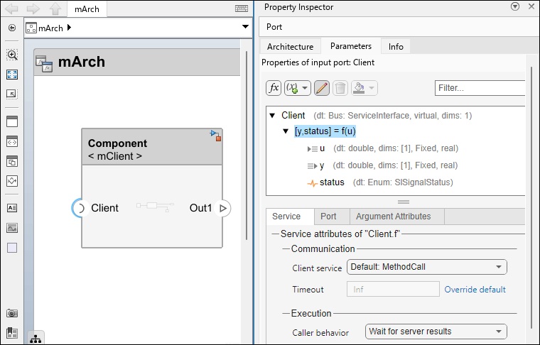 A Reference Component referencing the 'mClient' Simulink model on the architecture canvas. The Client port of the component is selected and the Property Inspector is open displaying the Communication and Execution properties of the selected function element.