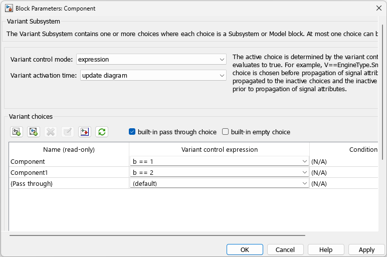 Variant Component block parameters with Variant control mode set to expression.