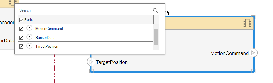 Check boxes to show and hide ports on a component in a view