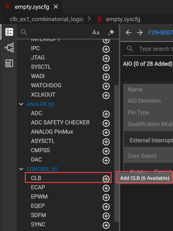 SysCfg editor showing CLB peripheral under CONTROL section