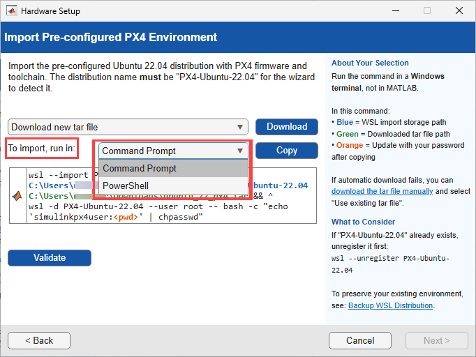 Import Pre-configured PX4 Environment screen showing the To import run in drop-down with Command Prompt and PowerShell options.
