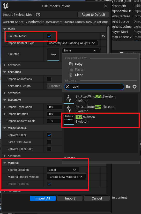 In the FBX import options, enable the Skeletal Mesh option in the Mesh section. In the skeleton parameter, browse for uav and select the UAV_skeleton. In the material section, set the search location to Local and Material Import Method to Create New Materials