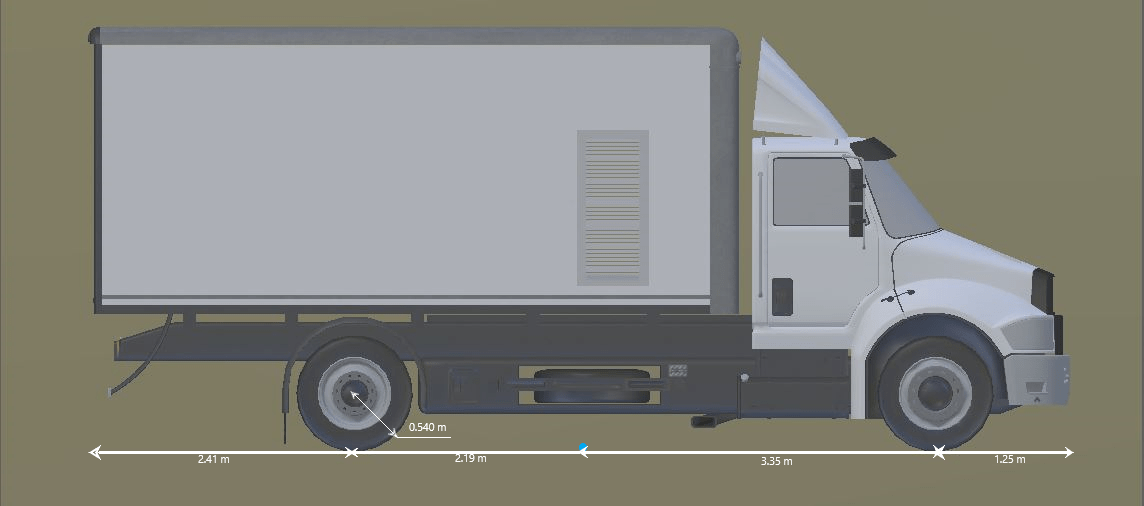 Side view of box truck with the origin marked in blue beneath its center and its length and overhang dimensions shown. The rear overhang is 2.41 meters. The distance from the rear overhang to the origin is 2.19 meters. The distance from the origin to the front overhang is 3.35 meters. The front overhang is 1.25 meters. The tire radius is 0.540 meters.