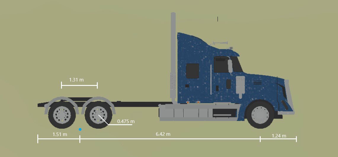 Side view of tractor with the origin marked in blue beneath its two rear axles and its length and overhang dimensions shown. The tire radius is 0.475 meters.