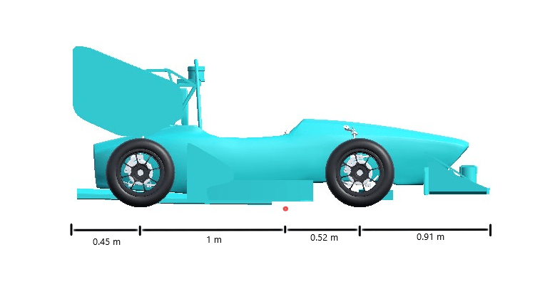 Side view of formula student vehicle with the origin marked in orange beneath its center and its length and overhang dimensions shown. The rear overhang is 0.45 meters. The distance from the rear overhang to the origin is 1.0 meter. The distance from the origin to the front overhang is .52 meters. The front overhang is 0.91 meters.