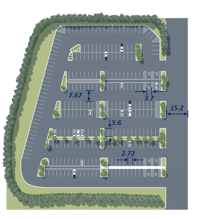 Top-down view of Large Parking Lot scene with parking space dimensions marked