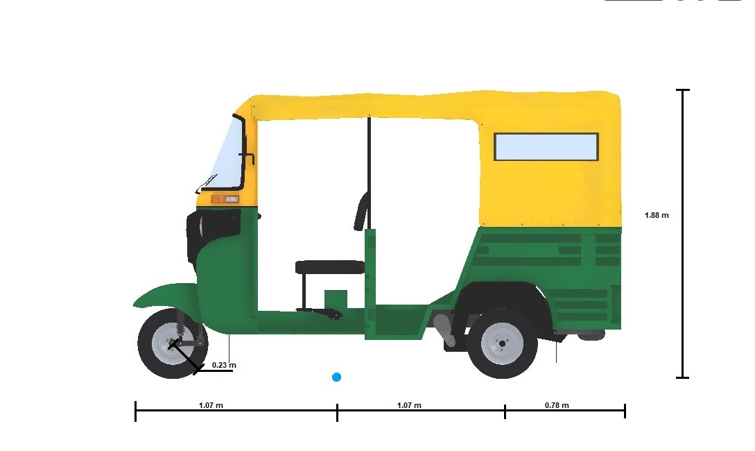 Side view of muscle car with the origin marked in blue beneath its center and its length and overhang dimensions shown. The rear overhang is 0.78 meters. The distance from the rear overhang to the origin is 1.07 meters. The distance from the origin to the front overhang is 1.07 meters. The tire radius is 0.23 meters.