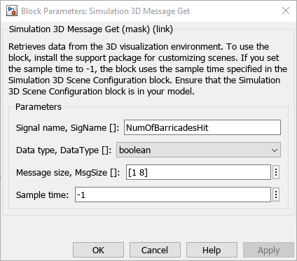 Simulation 3D Message Get block parameters dialog box