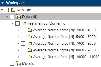 Data folder selected in the workspace tree of the Tire Manager app.