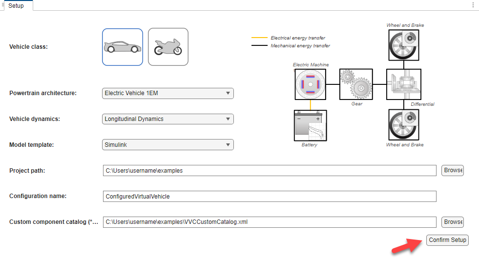 Virtual Vehicle Composer app Setup pane