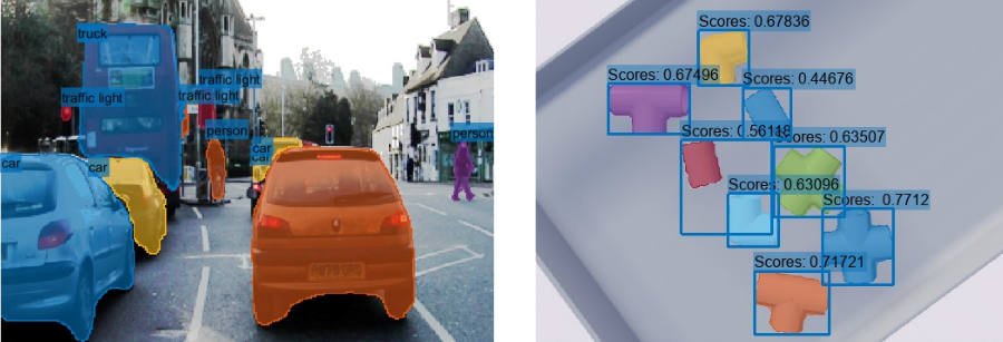 Instance segmentation using SOLOv2: Left — segmented and labeled road scenario using a sample modified RGB image from the CamVid data set, Right — segmented image of PVC pipe connectors