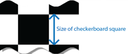 Close-up of checkerboard square, indicating the length of one side as the size of the checkerboard square