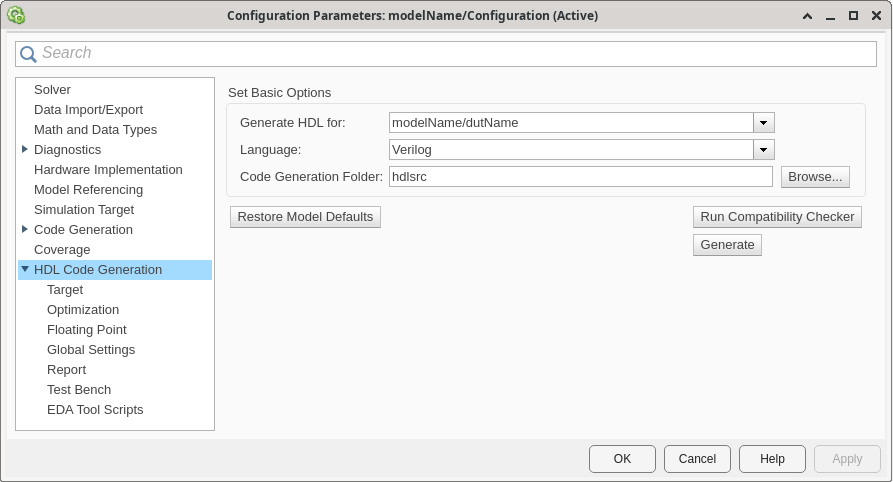 HDL Code Generation pane in the Configuration Parameters window.