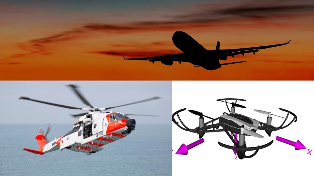 Ein Düsenflugzeug, ein Rettungshubschrauber und ein Quadcopter in der Luft.