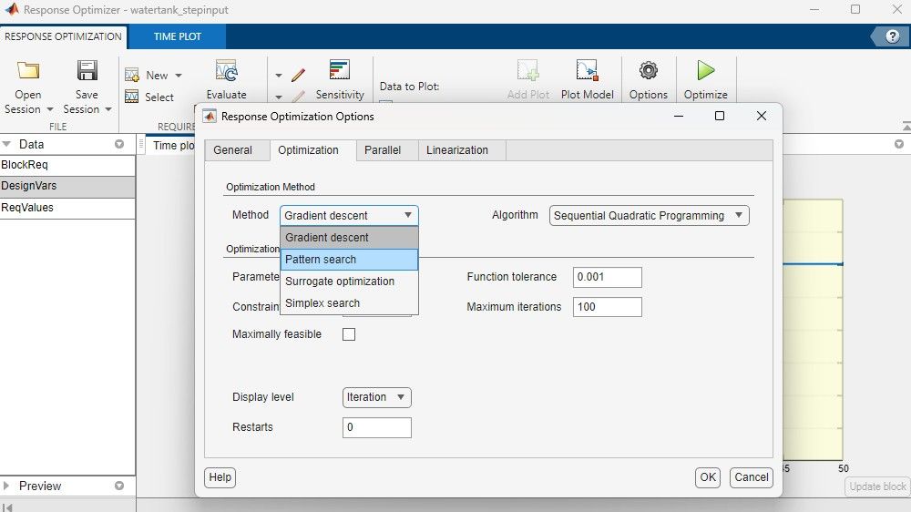 Response Optimizer-App mit den verfügbaren Optimierungsmethoden.