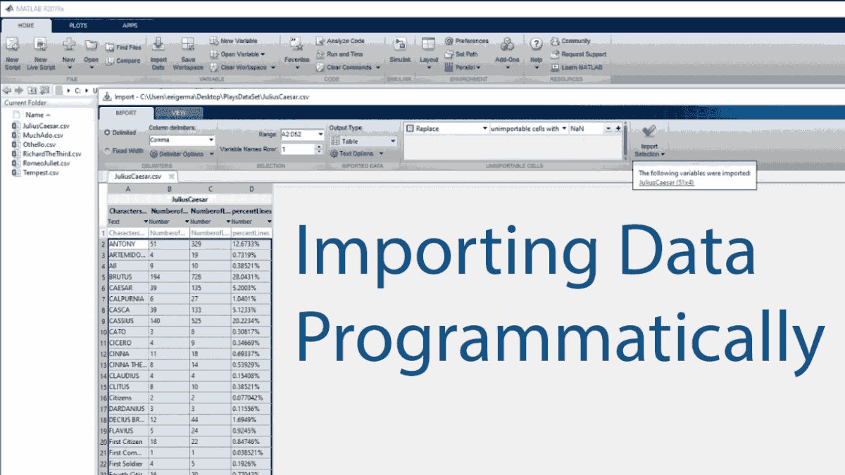 Learn how to import data programmatically in MATLAB by creating a script from the generate code option in the import tool or by writing code from scratch.